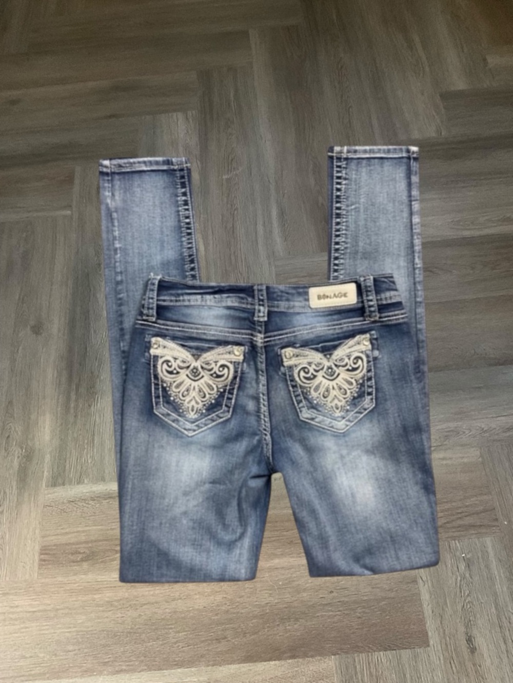 Vintage Bonage‎ Baroque Lace Rhinestone Pocket Skinny Jeans Womens 9 Blue White